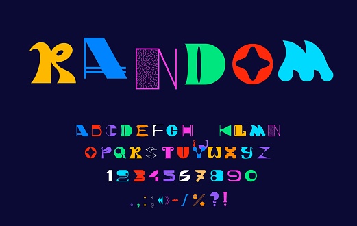 Modern brutal font, random bold type, aesthetic typeface, abstract figure english alphabet vector typography. Random geometric shape letters and numbers, colorful brutal font of english abc characters