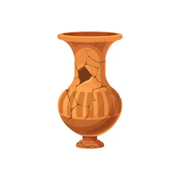 Vector illustration of Ancient broken pottery and vase, old cracked pot