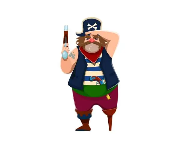 Vector illustration of Cartoon pirate skipper character with pistol gun