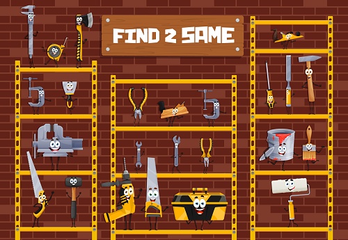 Find two same cartoon DIY and repair tools characters. Difference spotting kids quiz, riddle or find to same puzzle vector worksheet with ax, spatula, vice, hammer and brush, drill tools personages