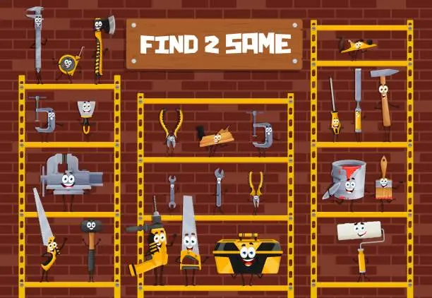 Vector illustration of Find two same cartoon DIY tools characters