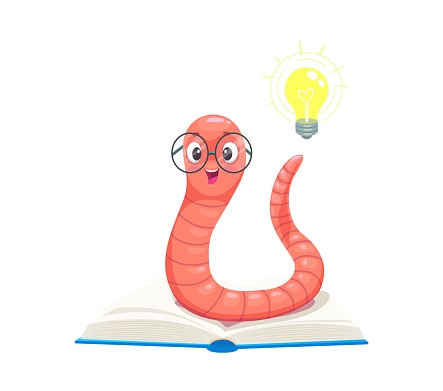 Cartoon cute bookworm character with idea light bulb on book, vector smart creative worm in glasses. Bookworm in eyeglasses with creative idea face and lamp lightbulb, education or school study emoji