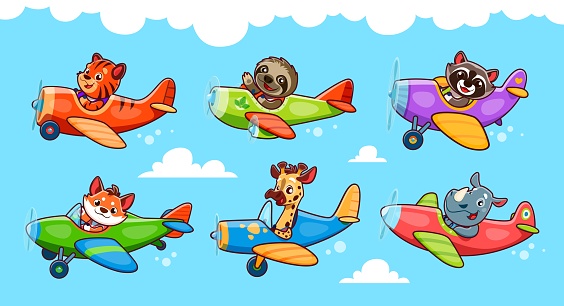 Cartoon baby animal characters on planes. Tiger and sloth, raccoon and fox, rhino and giraffe animal kid airplane pilots at cloudy sky. Vector personages for baby shower cards or books illustration