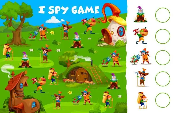 Vector illustration of I spy game, garden gnomes in fairytale village