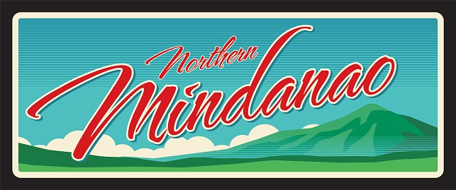 Northern Mindanao Philippines administrative area or region. Vector travel plate, vintage tin sign, retro vacation postcard or journey signboard. Plaque with Kitanglad Mountain Range in Bukidnon