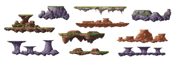 Vector illustration of 8 bit arcade pixel art game mountain platforms