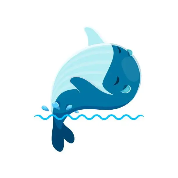 Vector illustration of Cartoon cute kawaii whale character on sea wave