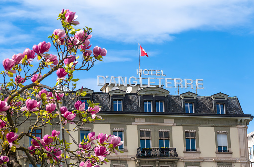 Geneva, Switzerland - April 5, 2024: The 5 star Hotel Angleterre is located on the shores of Lake Geneva