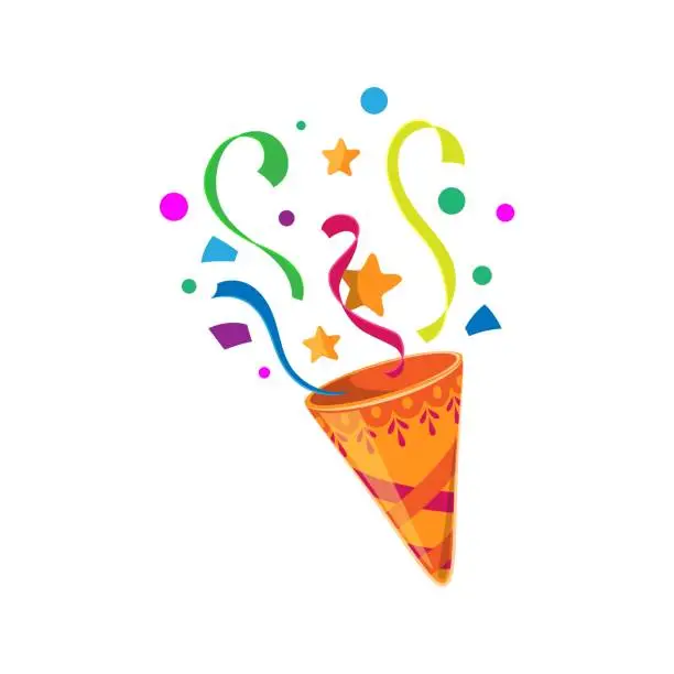 Vector illustration of Holiday party popper cone with confetti and stars