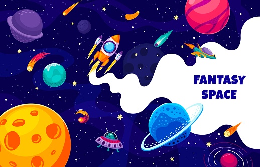 Space rocket, spacecraft and ufo in galaxy between planets and stars. Vector cartoon banner for universe exploration, astronomy science, cosmic investigations with colorful alien celestial bodies