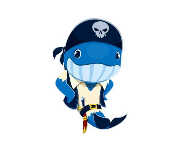 Cartoon whale animal pirate sailor sperm character Cartoon whale animal pirate sailor character, corsair seaman. Vector underwater blue sperm rover personage wear bandana with skull and saber on belt, navigates the high seas seeking aquatic adventures political joke stock illustrations