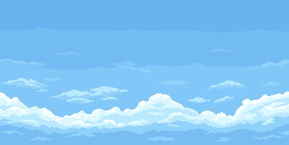 8bit pixel blue sky background with clouds, cloudy game landscape background. Vector heaven cloudscape, gaming level with retro pixelated 2d graphics, create a charming nostalgic natural atmosphere