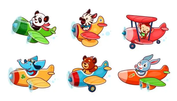Vector illustration of Cartoon cute baby animals characters on planes