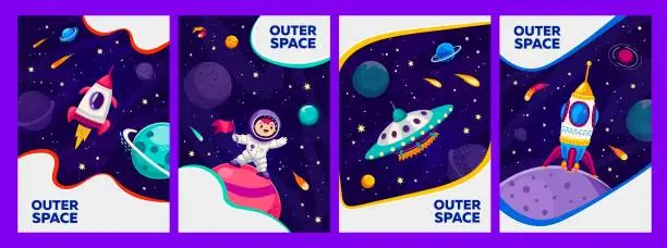 Vector illustration of Cartoon galaxy space template banners and posters