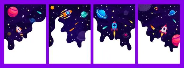 Vector illustration of Galaxy space posters or frames with rocket launch