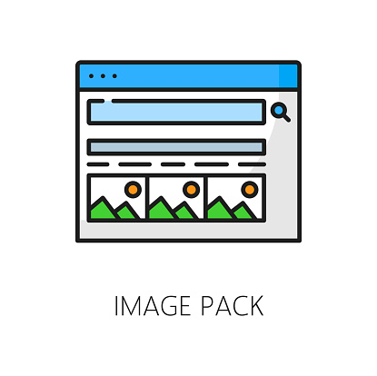 Image pack. Serp icon. Search engine result page, SEO optimization, Internet data audit or search engine result page analysis linear vector sign, web content ranking outline symbol or pictogram