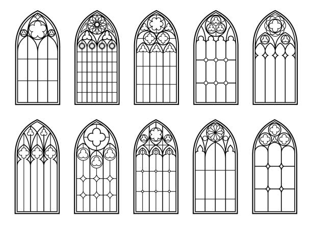 Medieval windows of gothic castle or church glass and cathedral arches, vector architecture. Vintage gothic windows with stained glass ornament, antique temple or Renaissance church arched windows