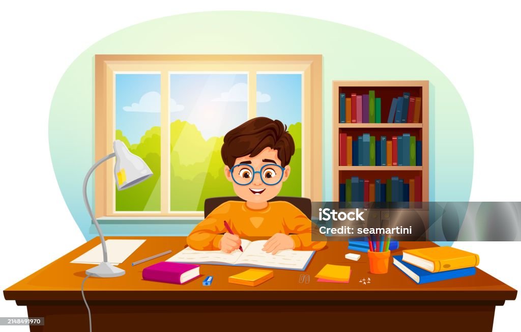 Frame Cartoon Homework Cartoon Boy Kid Makes Homework Funny Pupil Study Stock Illustration ...