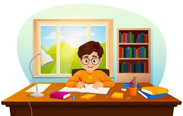 Vector illustration of Cartoon boy kid makes homework, funny pupil study