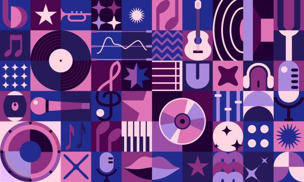 Music geometric abstract pattern poster or banner Music geometric abstract poster or modern banner with pattern, vector background. Geometric bauhaus music shapes, guitar or vinyl and CD disc, retro microphone or piano keys and loudspeaker music stock illustrations