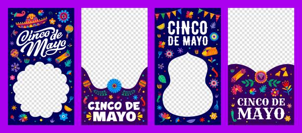 Cinco de mayo mexico holiday social media template Cinco de mayo Mexican holiday social media templates. Vector vertical banners or frames, capture the festive spirit, share cultural pride, and spread joy with colorful Viva Mexico alebrije style chili pepper border stock illustrations