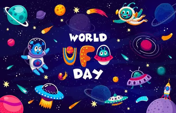 Vector illustration of World UFO Day poster with cute alien, spaceship