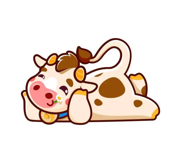 Vector illustration of Funny cow cartoon character lying and eating daisy