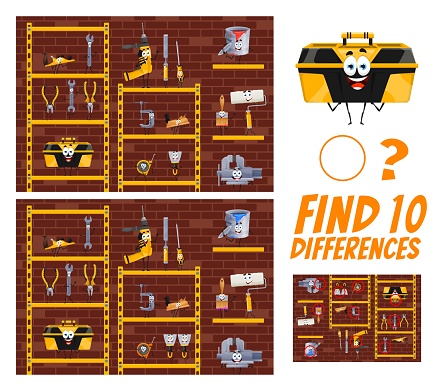 Find ten differences between cartoon diy and repair tools characters. Kids vector game, educational worksheet with spanner, tape and pliers. Vice, plane, spatula, drill and screwdriver on garage shelf