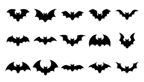 Halloween isolated black bat silhouettes for holiday horror night, vector cartoon icons. Flying vampire bat silhouettes for Halloween and trick or treat party scary and spooky boo decoration