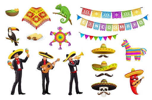 Mexican Cinco de Mayo holiday characters. Mariachi musicians, pinata and sombreros, food and pennant, vector Mexico party. Cartoon mexican men and pepper with guitar and maracas, skull with moustache