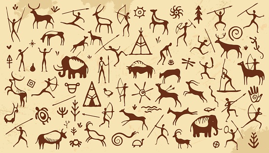 Prehistoric cave painting, ancient stone drawing. Vector background with primitive caveman sketches, symbols of hunters, mammoths, animals, plants and ornaments. Petroglyph illustrations on rock wall