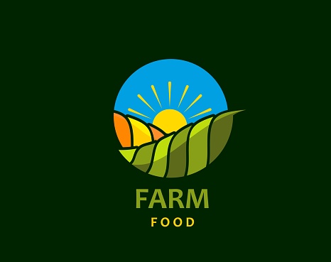 Agriculture rural farm field icon with landscape for organic food, vector label. Farm emblem with green field nature and sun, countryside farming or agriculture ranch and agrarian farmland symbol
