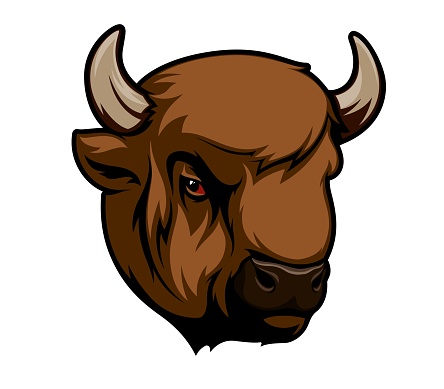 Buffalo bison animal mascot. Isolated vector bull head, embodies strength and tenacity. its Majestic horned creature, ox, buffalo or bison character symbolizing, hunt, resilience and sport team spirit