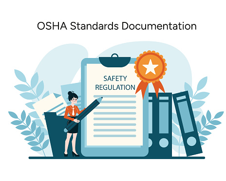OSHA Standards Documentation vector. A professional ensuring rigorous safety regulation adherence, signified by certification. Essential for workplace compliance. Flat vector illustration