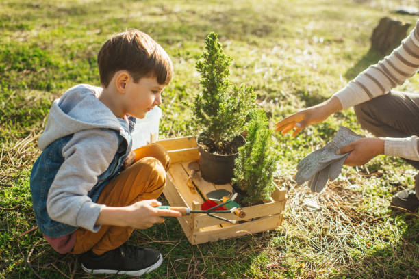 istock Father and son planting trees outdoors in springtime 2148492858
