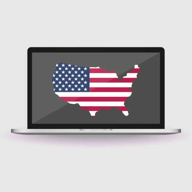 Vector illustration of Register online to vote, voting is your power. Bulletins box, USA flag on laptop screen, table, map, cup. Call to act at Presidential election campaign in United States. Flat vector banner,poster