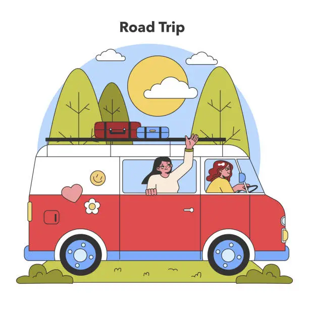 Vector illustration of Sunny Road Trip Adventure. Flat vector illustration.