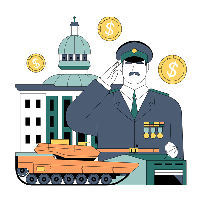 Government subsidy. Military sector receive financial support. Strategic defense investment. Government budget strategy. Flat vector illustration.