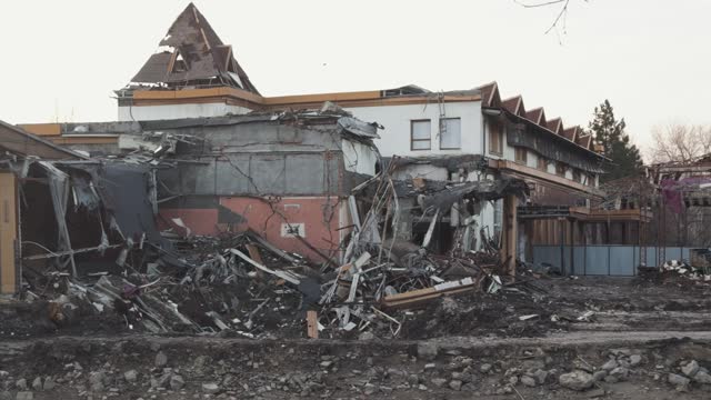 Destroyed residential building after Russian missile attack on Ukraine.