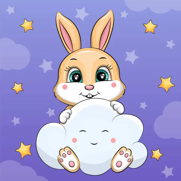 Vector illustration of A cute cartoon rabbit and a big smiling cloud.