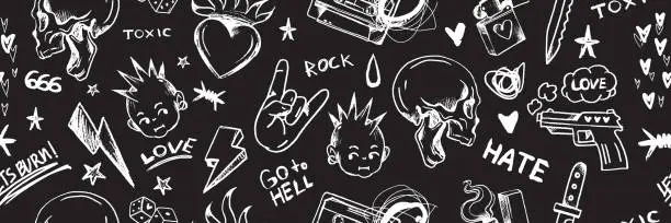 Vector illustration of Grunge rock seamless pattern, vector punk music sketch texture, y2k gothic dark decorative print.
