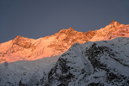 The Summits of Täschhorn, Dom and Südlenz in the Mischabel Mountain Range in the Alps at Sunrise, Saas-Fee, Switzerland