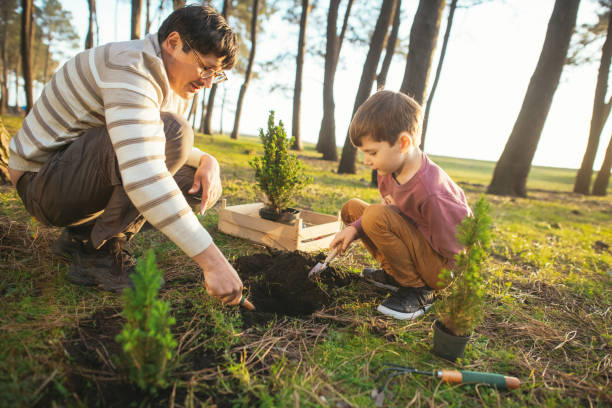 istock Father and son planting trees outdoors in springtime 2148495019