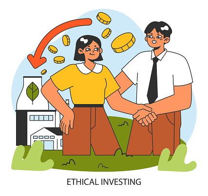 Ethical investing. Socially responsible investment, sustainable development. Circular economy, business responsibility to reduce carbon footprint. Flat vector illustration.