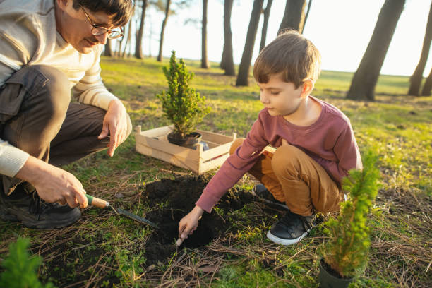 istock Father and son planting trees outdoors in springtime 2148495210
