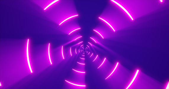 Purple energy digital circles tunnel frame made of lines and dots futuristic magical glowing bright. Abstract background.