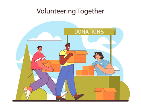 Volunteering Together concept. Companions contributing to the community by donating goods. Act of giving and social responsibility in action. Selfless service and teamwork. Flat vector illustration.