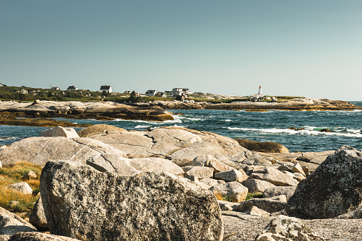 Peggy’s Cove Lighthouse, an icon of Nova Scotia and Atlantic Canada on a serene morning.