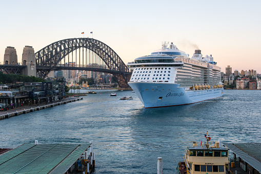 Sydney, Australia - 22nd March, 2024: Large cruise ship, Ovation of the Seas, about to leave Sydney Harbour.