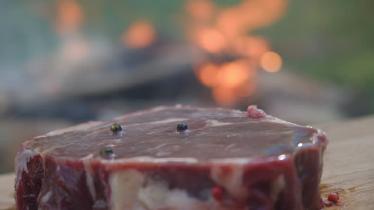 Close up of raw steak on board on background bonfire at sunny spring day. Nature, camping vibes and outdoor lifestyle mood concept. Cooking food over campfire